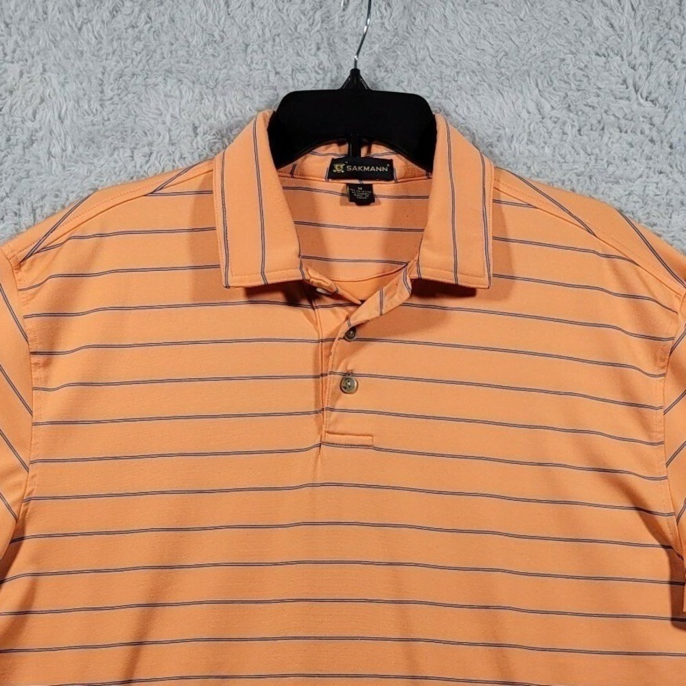 Sakmann‎ Polo Shirt Mens Medium Orange Striped Short Sleeve Golf Performance